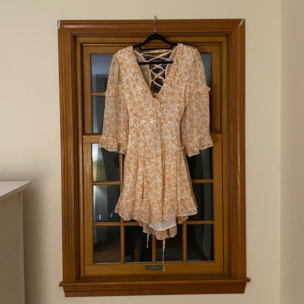 Saints & Secrets Mustard Floral Lace-Up Dress